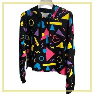 Disney Womens XL Black Geometric Mickey Mouse‎ Hoodie Cropped